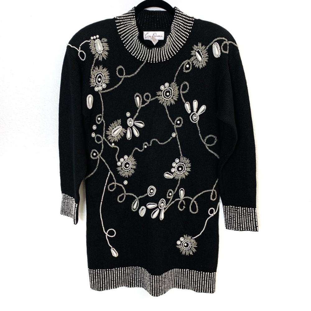 Vintage Eddie Dassin Beaded Sweater Tunic Dress Black Small 80's Goldbergs Party